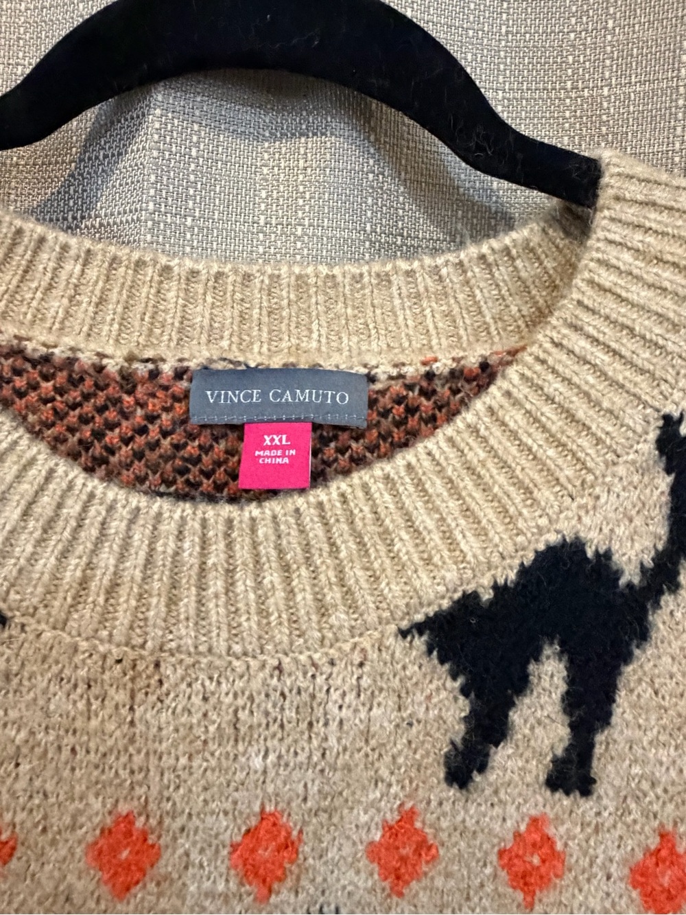 Vince Camuto Halloween Sweater XXL Cat Pumpkin Fair Isle Oatmeal Crewneck - Picture 2 of 3